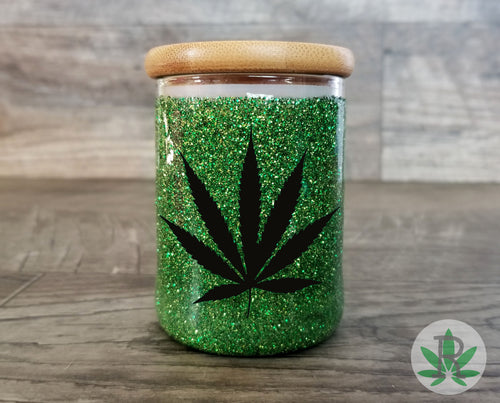 Glitter Glass Herb Stash Jar, Custom Airtight Cannabis Leaf Storage Container, Marijuana Gift for 420 Pot Smoker, Weed Stoner Accessories