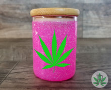 Load image into Gallery viewer, Glitter Glass Herb Stash Jar, Custom Airtight Cannabis Leaf Storage Container, Marijuana Gift for 420 Pot Smoker, Weed Stoner Accessories