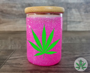 Glitter Glass Herb Stash Jar, Custom Airtight Cannabis Leaf Storage Container, Marijuana Gift for 420 Pot Smoker, Weed Stoner Accessories