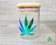 Load image into Gallery viewer, Personalized Holographic Glass Herb Stash Jar, Airtight Cannabis Leaf Storage Container, Marijuana Gift for Pot Smoker, Weed Accessories