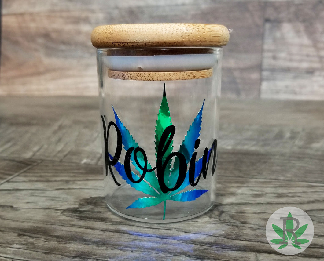 Personalized Holographic Glass Herb Stash Jar, Airtight Cannabis Leaf Storage Container, Marijuana Gift for Pot Smoker, Weed Accessories