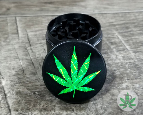 Zinc Alloy Four Piece Herb Grinder with Holographic Cannabis Leaf