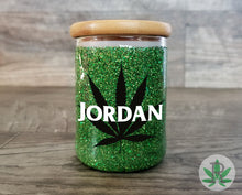 Load image into Gallery viewer, Personalized Glitter Glass Herb Stash Jar, Custom Airtight Cannabis Storage Container, Marijuana Gift for Pot Smoker Weed Stoner Accessories
