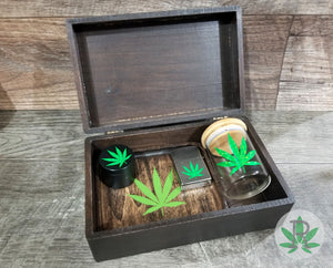 Complete Smoker Gift Set includes Wood Stash Box, Wood Rolling Tray, Stash Jar, Herb Grinder, and Wind Proof Lighter