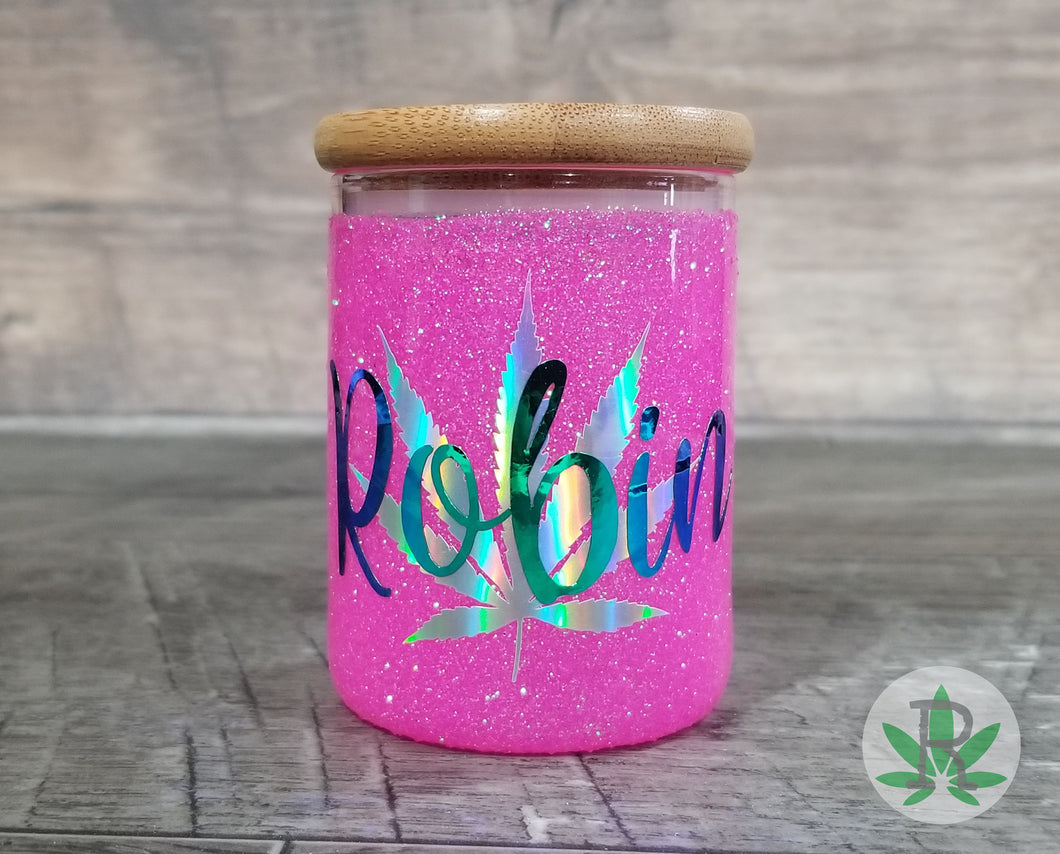 Personalized Glitter Glass Herb Stash Jar, Custom Airtight Cannabis Storage Container, Marijuana Gift for Pot Smoker Weed Stoner Accessories