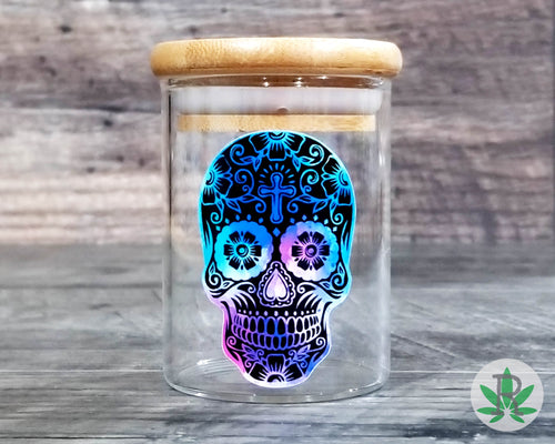 Sugar Skull Glass Herb Stash Jar, Dia De Los Muertos Airtight Cannabis Storage Container, Marijuana Gift for Pot Smoker, Weed Accessories