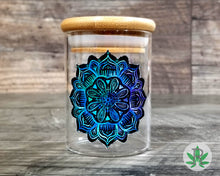 Load image into Gallery viewer, Lotus Mandala Glass Herb Stash Jar, Zen Watercolor Airtight Cannabis Storage Container, Marijuana Gift for Pot Smoker, Weed Stoner Accessory