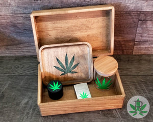 Complete Smoker Gift Set includes Wood Stash Box, Wood Rolling Tray, Stash Jar, Herb Grinder, and Wind Proof Lighter