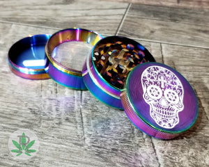 Colorful Rainbow Herb Grinder with Engraved Sugar Skull, Dia De Los Muertos, Weed Grinder, 420, Marijuana, Cannabis, Smoker Stoner Gift