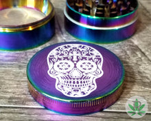 Load image into Gallery viewer, Colorful Rainbow Herb Grinder with Engraved Sugar Skull, Dia De Los Muertos, Weed Grinder, 420, Marijuana, Cannabis, Smoker Stoner Gift