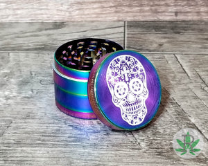 Colorful Rainbow Herb Grinder with Engraved Sugar Skull, Dia De Los Muertos, Weed Grinder, 420, Marijuana, Cannabis, Smoker Stoner Gift