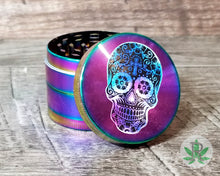 Load image into Gallery viewer, Colorful Rainbow Watercolor Sugar Skull Herb Grinder, Dia De Los Muertos Weed Spice Grinder, 420 Marijuana Cannabis Smoker Gift, Stoner Gift