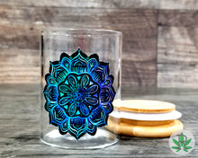 Load image into Gallery viewer, Lotus Mandala Glass Herb Stash Jar, Zen Watercolor Airtight Cannabis Storage Container, Marijuana Gift for Pot Smoker, Weed Stoner Accessory