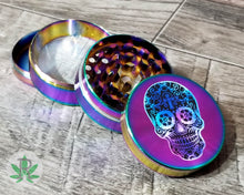 Load image into Gallery viewer, Colorful Rainbow Watercolor Sugar Skull Herb Grinder, Dia De Los Muertos Weed Spice Grinder, 420 Marijuana Cannabis Smoker Gift, Stoner Gift