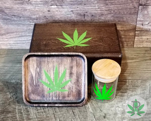 Stoner Gift Set, Wood Rolling Tray, Stash Jar and Wood Stash Box Set, Cannabis Leaf, Smoker Gift Set, Marijuana Leaf, 420 Gift,