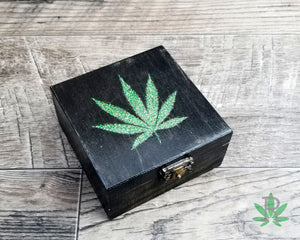Wood Stash Box with Glitter Cannabis Leaf, Pot Box with Marijuana Leaf, Stoner Gift, Marijuana Accessories, Weed Box, Weed Gift