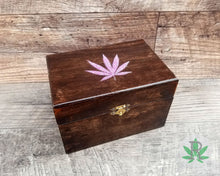 Load image into Gallery viewer, Wood Stash Box with Glitter Cannabis Leaf, Pot Box with Marijuana Leaf, Stoner Gift, Marijuana Accessories, Weed Box, Weed Gift