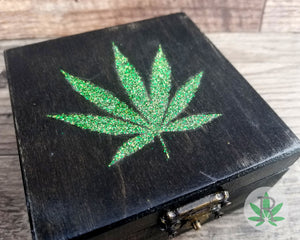 Wood Stash Box with Glitter Cannabis Leaf, Pot Box with Marijuana Leaf, Stoner Gift, Marijuana Accessories, Weed Box, Weed Gift