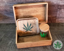 Load image into Gallery viewer, Stoner Gift Set, Wood Rolling Tray  Holographic Stash Jar and Wood Stash Box Set, Cannabis Leaf, Smoker Gift Set, Marijuana Leaf, 420 Gift,