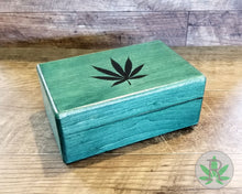 Load image into Gallery viewer, Green Stained Wood Stash Box, Herb Holder, Cannabis Leaf Container, Stoner Gift, Marijuana Accessories, Wood Weed Supplies, Weed Gift