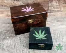 Load image into Gallery viewer, Wood Stash Box with Glitter Cannabis Leaf, Pot Box with Marijuana Leaf, Stoner Gift, Marijuana Accessories, Weed Box, Weed Gift