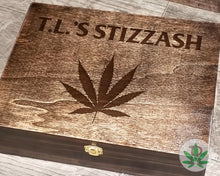 Load image into Gallery viewer, Personalized Wood Stash Box, Custom Herb Holder, Pot Box, Cannabis Leaf Container, Stoner Gift, Marijuana Accessories, Wood Weed Supplies