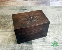 Load image into Gallery viewer, Dark Wood Stash Box with Engraved Cannabis Leaf, Herb Holder, Pot Box, Stoner Gift, Marijuana Storage Accessories, Weed Supplies, Smoker