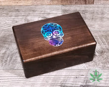 Load image into Gallery viewer, Wood Sugar Skull Stash Box, Dia De Los Muertos Herb Holder, Cannabis Container, Stoner Gift, Marijuana Storage Accessories, Weed Supplies