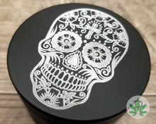 Load image into Gallery viewer, Sugar Skull Engraved Herb Grinder, Dia De Los Muertos, Weed Grinder, Spice Grinder, 420, Marijuana, Cannabis, Smoker Gift, Stoner Gift