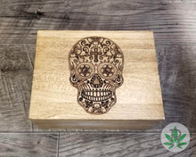 Load image into Gallery viewer, Wood Stash Box with Laser Engraved Sugar Skull, Dia De Los Muertos Herb Holder, Pot Box, Stoner Gift, Marijuana Storage Accessories, Weed