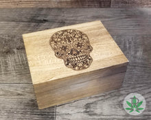 Load image into Gallery viewer, Wood Stash Box with Laser Engraved Sugar Skull, Dia De Los Muertos Herb Holder, Pot Box, Stoner Gift, Marijuana Storage Accessories, Weed