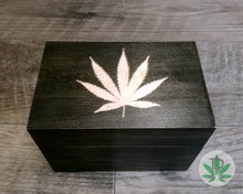 Load image into Gallery viewer, Black Wood Stash Box with Engraved Cannabis Leaf, Herb Holder, Pot Box, Stoner Gift, Marijuana Storage Accessories, Weed Supplies, Smoker