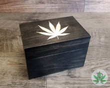 Load image into Gallery viewer, Black Wood Stash Box with Engraved Cannabis Leaf, Herb Holder, Pot Box, Stoner Gift, Marijuana Storage Accessories, Weed Supplies, Smoker