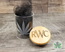 Load image into Gallery viewer, Etched Cannabis Leaf Glass Stash Jar Monogram Laser Engraved Lid, Airtight Storage Container, Marijuana Gift Pot Smoker Weed Accessories