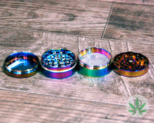 Load image into Gallery viewer, Colorful Rainbow Herb Grinder with Engraved Cannabis Leaf Mandala, Weed Leaf Weed Grinder, 420, Marijuana, Smoker Gift, Stoner Gift