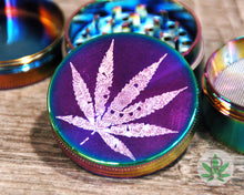 Load image into Gallery viewer, Colorful Rainbow Herb Grinder with Engraved Cannabis Leaf Mandala, Weed Leaf Weed Grinder, 420, Marijuana, Smoker Gift, Stoner Gift