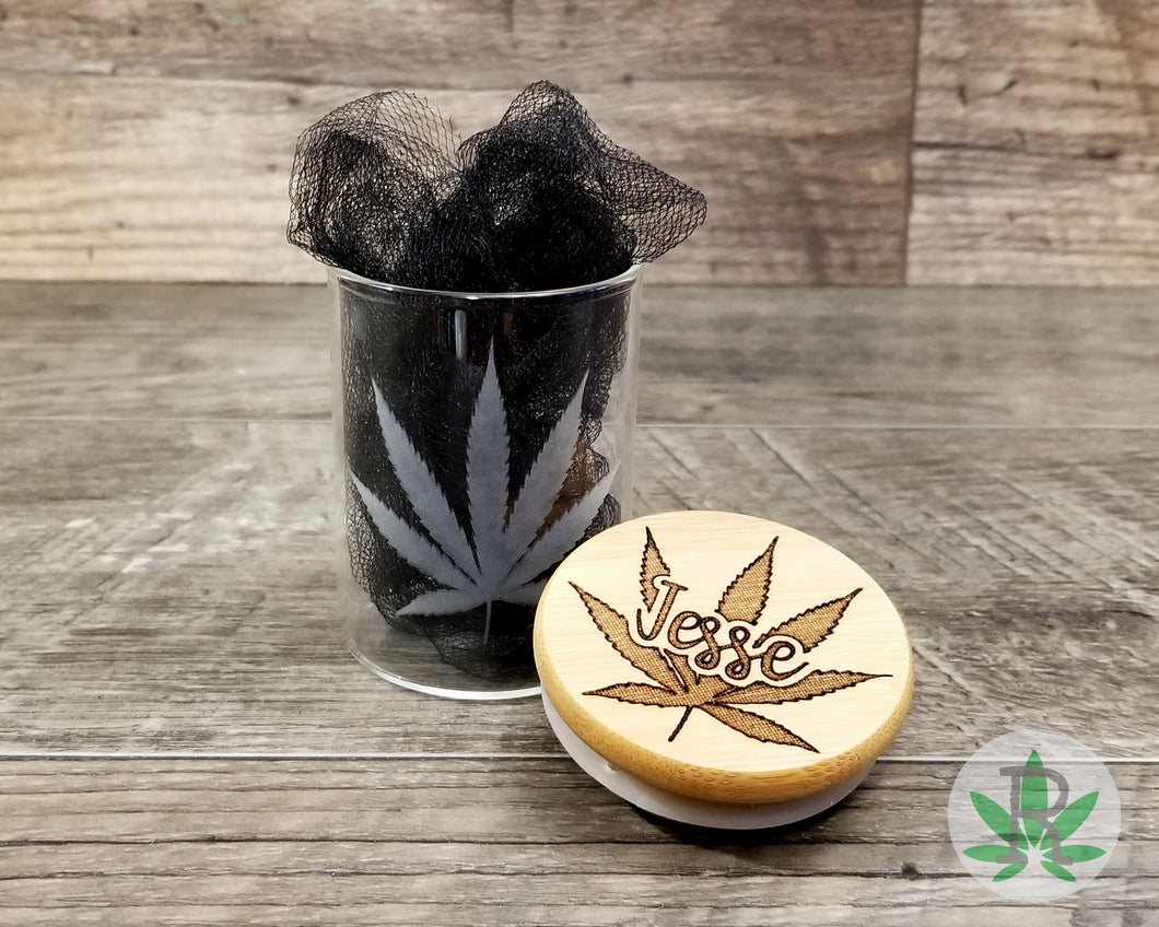 Etched Cannabis Leaf Glass Stash Jar Personalized Laser Engraved Lid, Airtight Storage Container, Marijuana Gift Pot Smoker Weed Accessories
