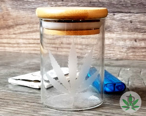 Etched Cannabis Leaf Glass Stash Jar Monogram Laser Engraved Lid, Airtight Storage Container, Marijuana Gift Pot Smoker Weed Accessories