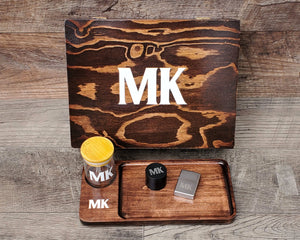 Complete Kit Personalized Smoker Gift Set with Custom Engraved Wood Stash Box, Wood Rolling Tray, Stash Jar, Herb Grinder Wind Proof Lighter