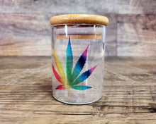 Load image into Gallery viewer, Glass Stash Jar with Rainbow Cannabis Leaf, LGBTQ 420 Herb Jar,  Marijuana Leaf Stoner Gift, Weed Gift, Gift for Smoker, Pot Accessories