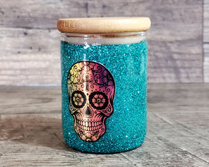 Sugar Skull Glitter Glass Herb Stash Jar, Dia De Los Muertos Airtight Cannabis Storage Container Marijuana Gift for Pot Smoker, Weed Stoner