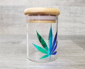 Holographic Glass Herb Stash Jar, Airtight Cannabis Leaf Storage Container, Marijuana Gift for Pot Smoker, Hippie Weed Accessories