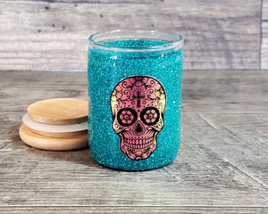 Sugar Skull Glitter Glass Herb Stash Jar, Dia De Los Muertos Airtight Cannabis Storage Container Marijuana Gift for Pot Smoker, Weed Stoner