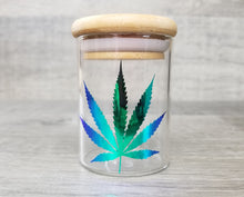 Load image into Gallery viewer, Holographic Glass Herb Stash Jar, Airtight Cannabis Leaf Storage Container, Marijuana Gift for Pot Smoker, Hippie Weed Accessories