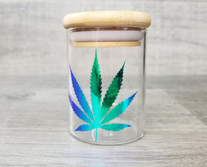 Holographic Glass Herb Stash Jar, Airtight Cannabis Leaf Storage Container, Marijuana Gift for Pot Smoker, Hippie Weed Accessories