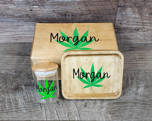Personalized Stoner Set, Custom Stash Box with Glass Stash Jar and Wood Rolling Tray Kit, Cannabis Pot Marijuana, Smoker Gift, 420 Weed Gift