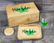 Load image into Gallery viewer, Personalized Stoner Set, Custom Stash Box with Glass Stash Jar and Wood Rolling Tray Kit, Cannabis Pot Marijuana, Smoker Gift, 420 Weed Gift
