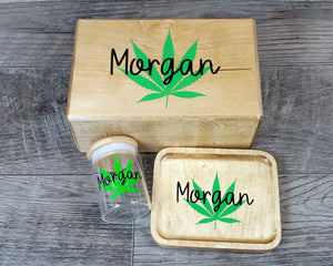 Personalized Stoner Set, Custom Stash Box with Glass Stash Jar and Wood Rolling Tray Kit, Cannabis Pot Marijuana, Smoker Gift, 420 Weed Gift