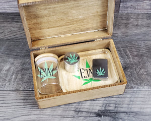 Complete Kit Personalized Smoker Gift Set with Custom Engraved Wood Stash Box, Wood Rolling Tray, Stash Jar, Herb Grinder Wind Proof Lighter