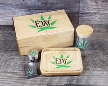 Load image into Gallery viewer, Complete Kit Personalized Smoker Gift Set with Custom Engraved Wood Stash Box, Wood Rolling Tray, Stash Jar, Herb Grinder Wind Proof Lighter